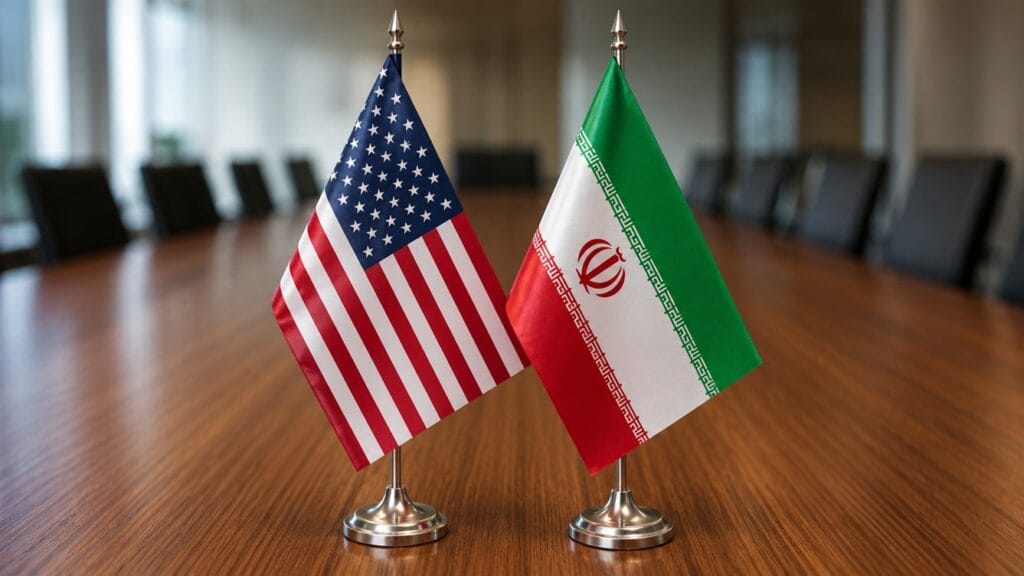 US and Iran flags.